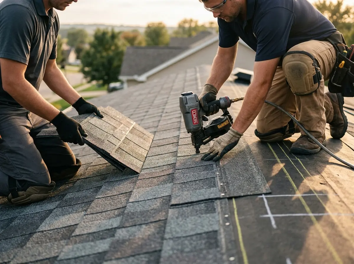 Professional roofer working on a residential roof in Bernards